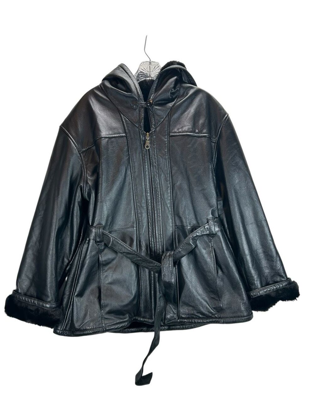 Wilsons Leather Hooded Coat XL Black Faux Fur Lined Belted Jacket